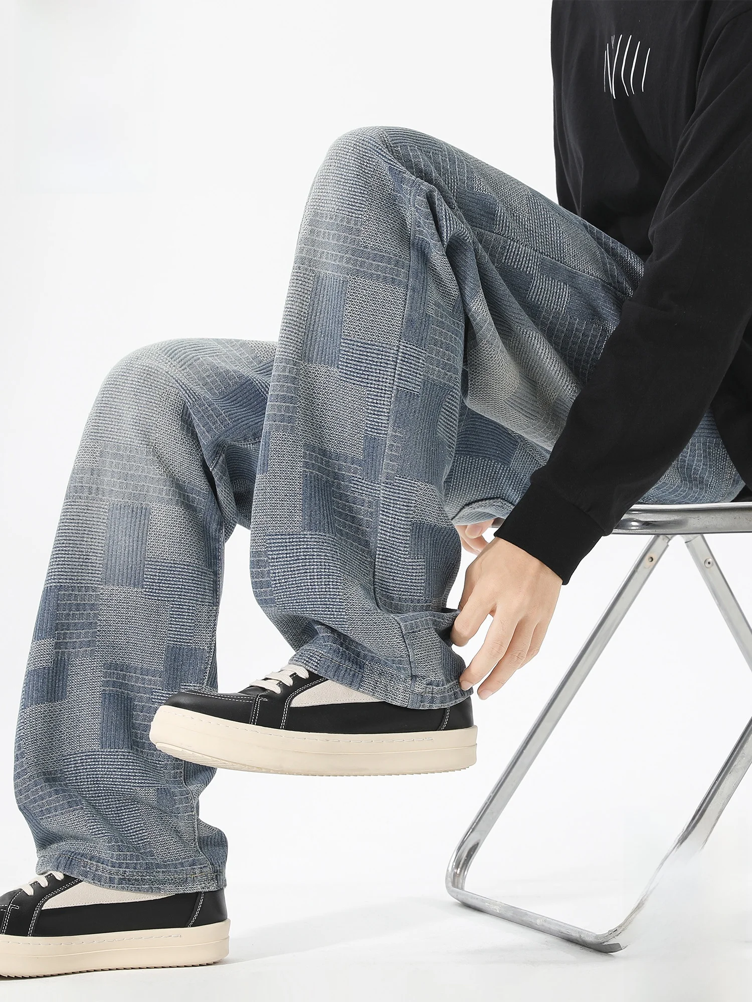 

PaulFrank Men's Casual Straight Leg Pants Spring New Loose Dstring Drapey Trousers Cheerboard Pattern Large Mouth Monkey