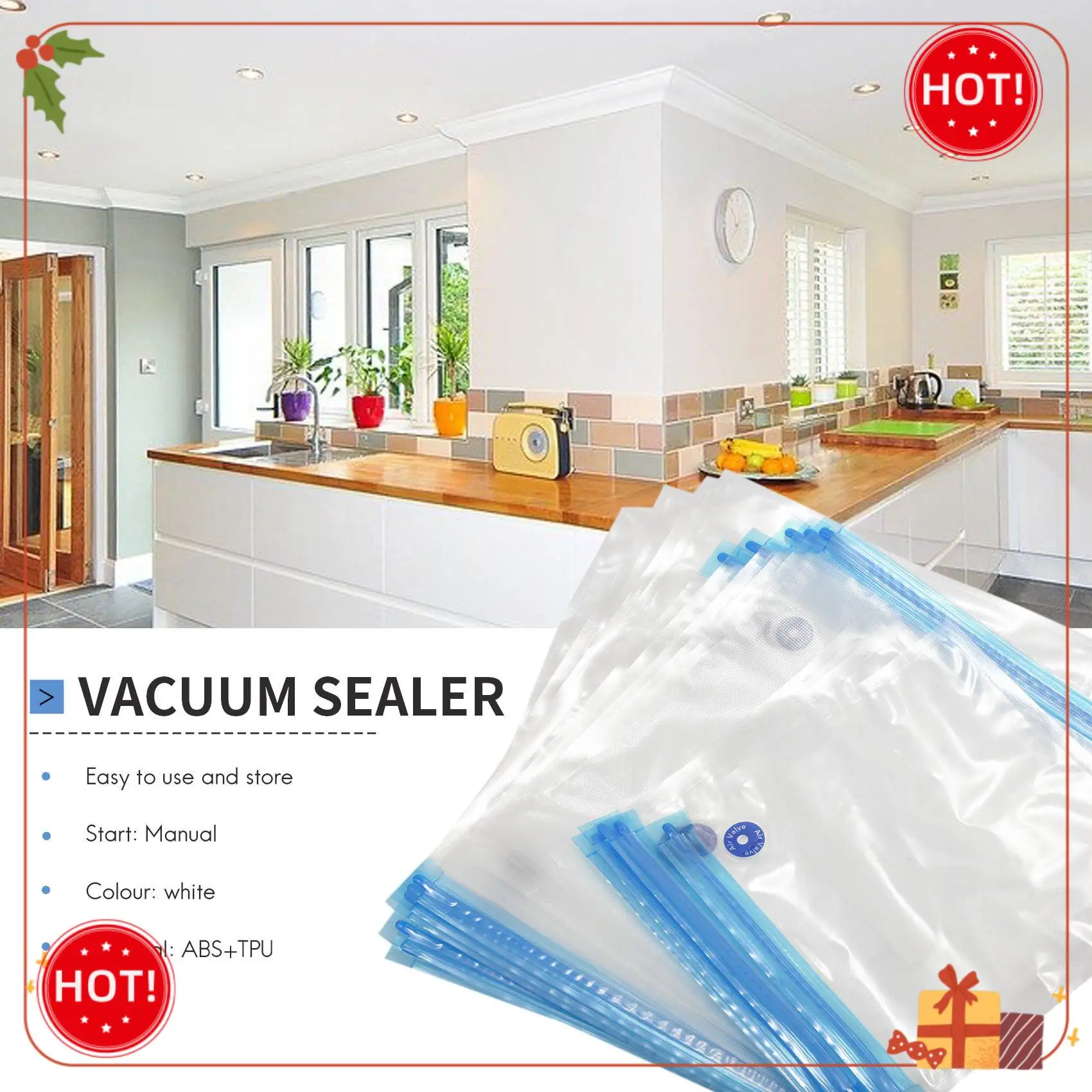 ABLE-Sous Vide Bags 20팩 재사용 가능한 전기 진공 식품 보관 1 핸드 펌프, 3 크기 밀봉 가방, 4 클립 포함 실러 쿠커 저장