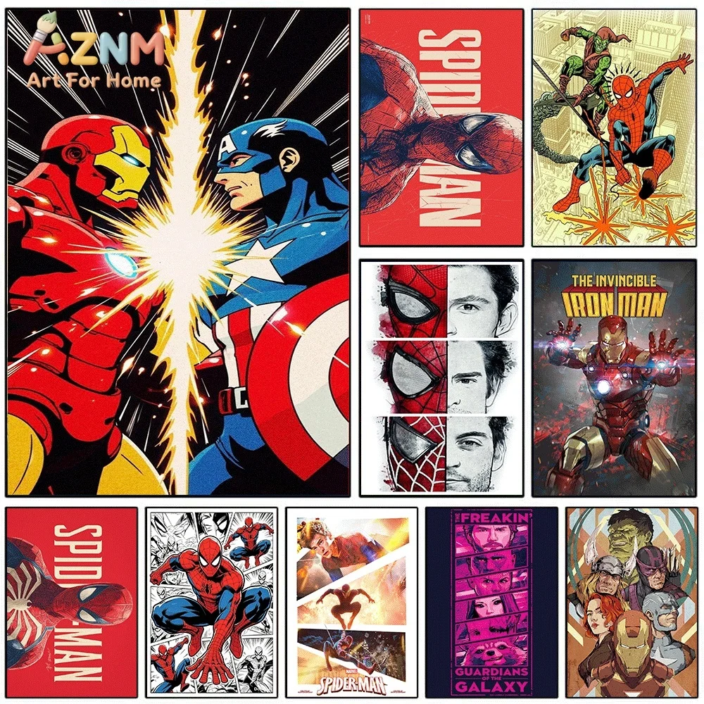Iron Man VS Capitán América, Arte de Pared en Lienzo de Superhéroes de Marvel, Spider-Man, Duende Verde, Estilo Cómic Retro, Impresión en Lienzo Sin Marco para