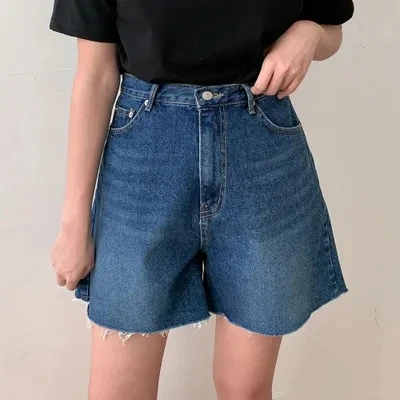 

Women's Short Jeans High Waist Straight Leg Retro Wash Dark Blue Wide Width Short Shorts Casual Summer Cotton Non-Stretch