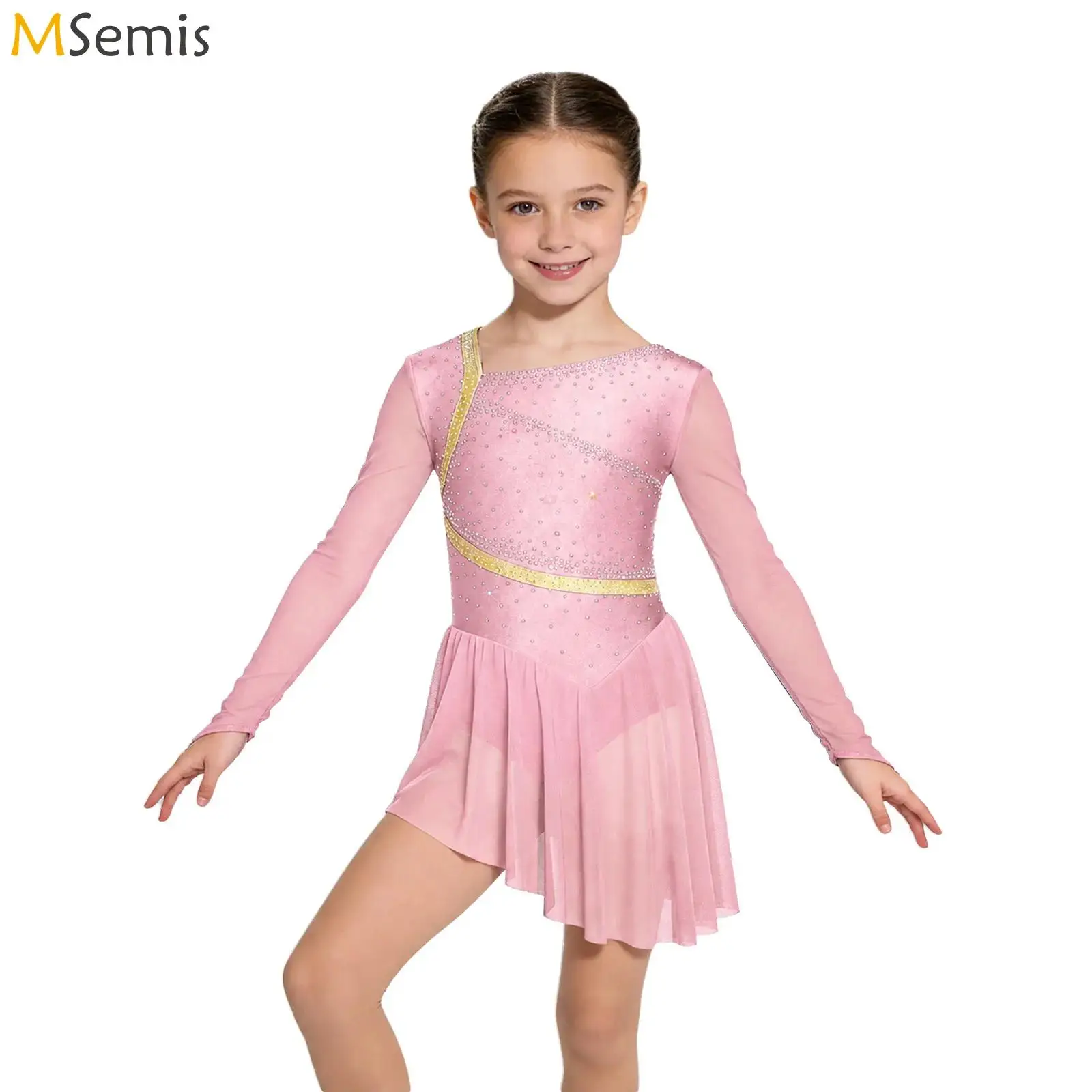 Kids Girls Figure Skating Dress Long Sleeve Mesh Rhinestone Decor Rhythmic Gymnastics Ballet Lyrical Dance Performance Costume