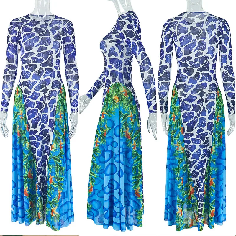 Doyerl Abiti lunghi a maniche lunghe trasparenti in rete sexy Donna Primavera Autunno Elastico Stampa Patchwork A-line Club Party Compleanno Dress