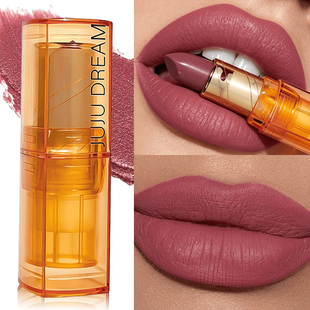 JUJU DREAM Amber Transparent Gold Matte Lipstick Velvet Dusty Mauve Long Lasting Daily Women Lip Makeup
