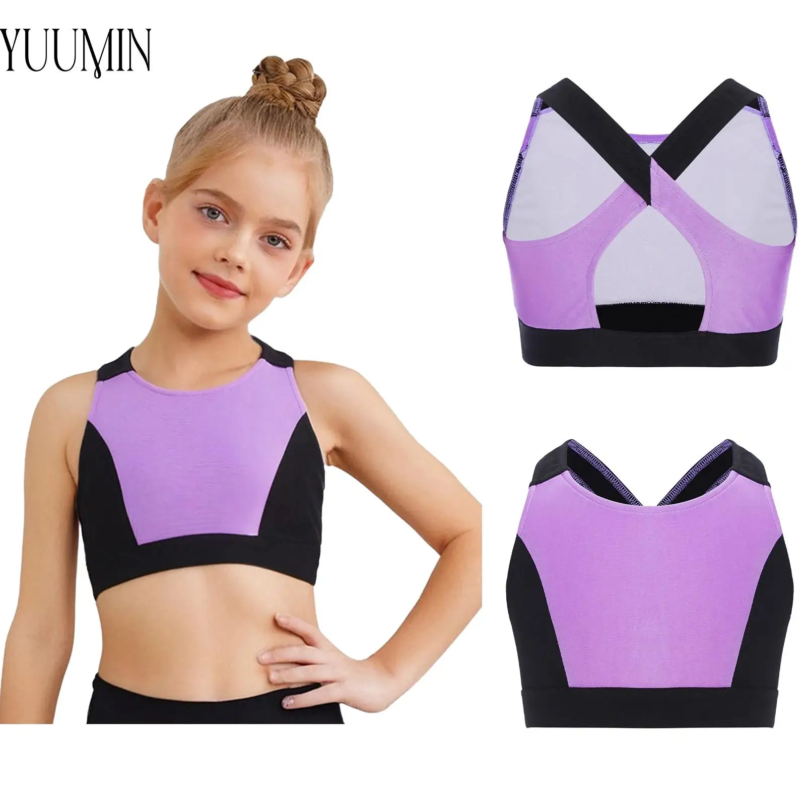 

Children Girls Fashion Stretchy Color Block Sports Vest Sleeveless Cross Back Cropped Tank Top for Yoga Workout Cycling Exercise