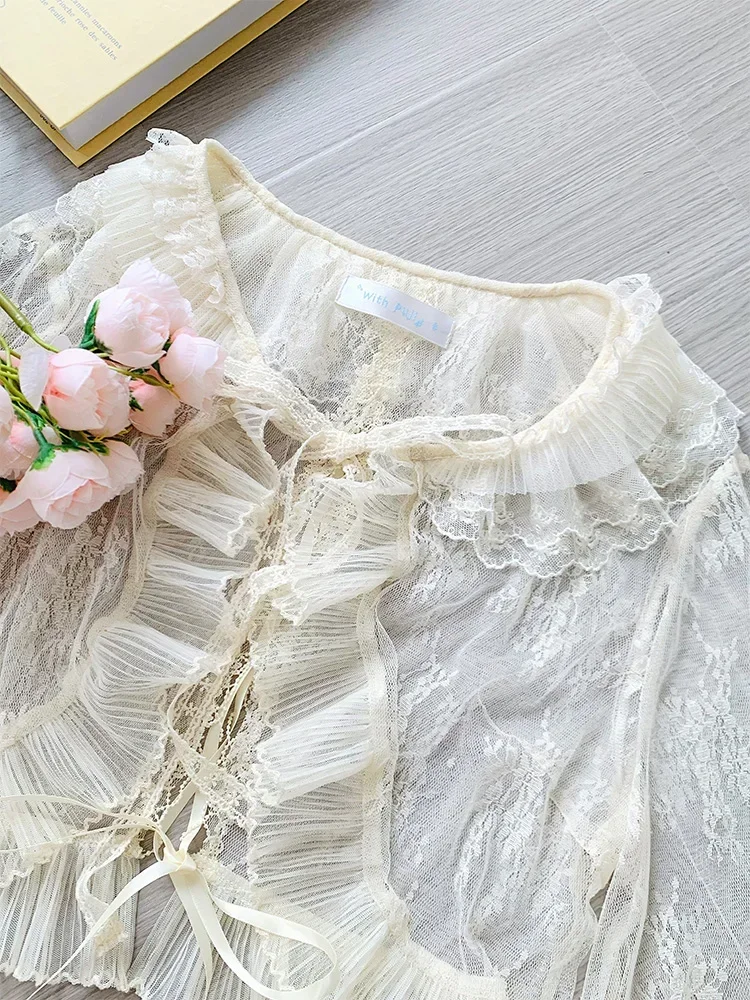 Original New Spring Summer Lolita Women Girls Elegant Cla Apricot Lace Cardigan Sweet Long Sleeve Lace Blouse Thin Tops