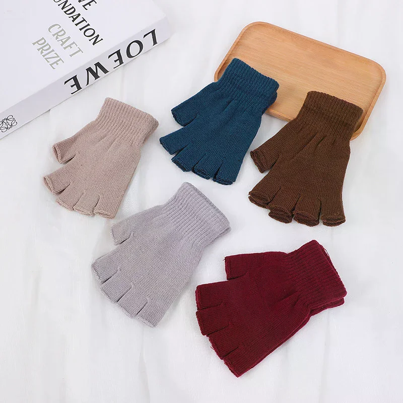 Pair Colorful Knitted Short Half Finger Gloves Autumn Winter Knitted Elastic Warm Wrist Glove Solid Color Cycling Accessories 1