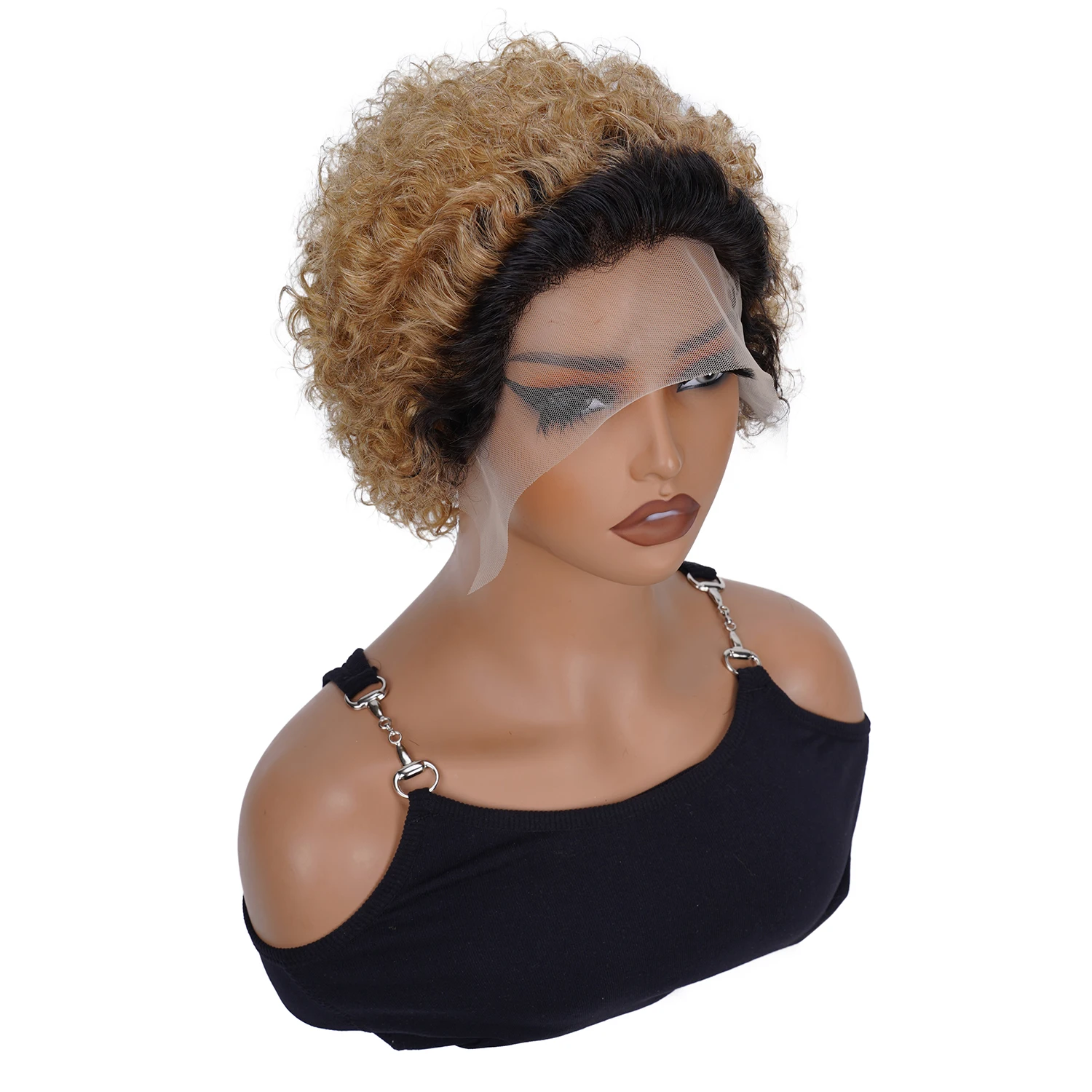 1B/27 オンブレブロンドピクシーカーリーレースフロント人毛6インチ13x1ピクシーカットショートカーリーウィッグ透明レースフロントウィッグ