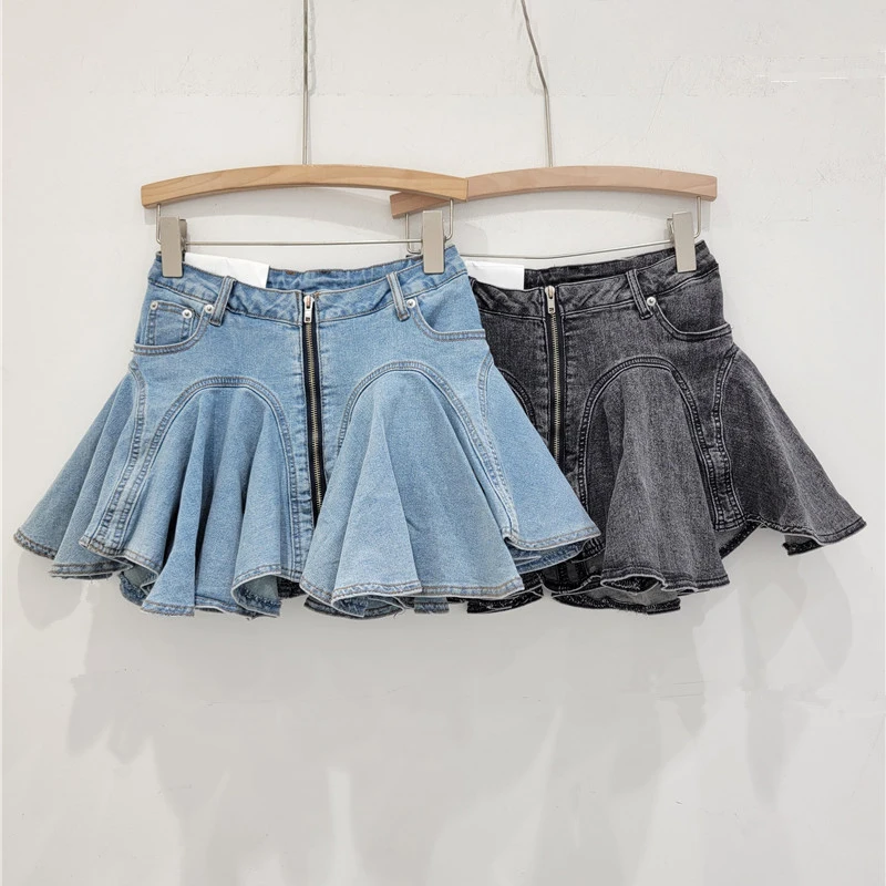 DEAT 3D Cutting Ruffled Edge Denim Skirts For Women 2024 Summer New Fashion Zipper Splicing Pleated Elastic Skirt Female 11A0198