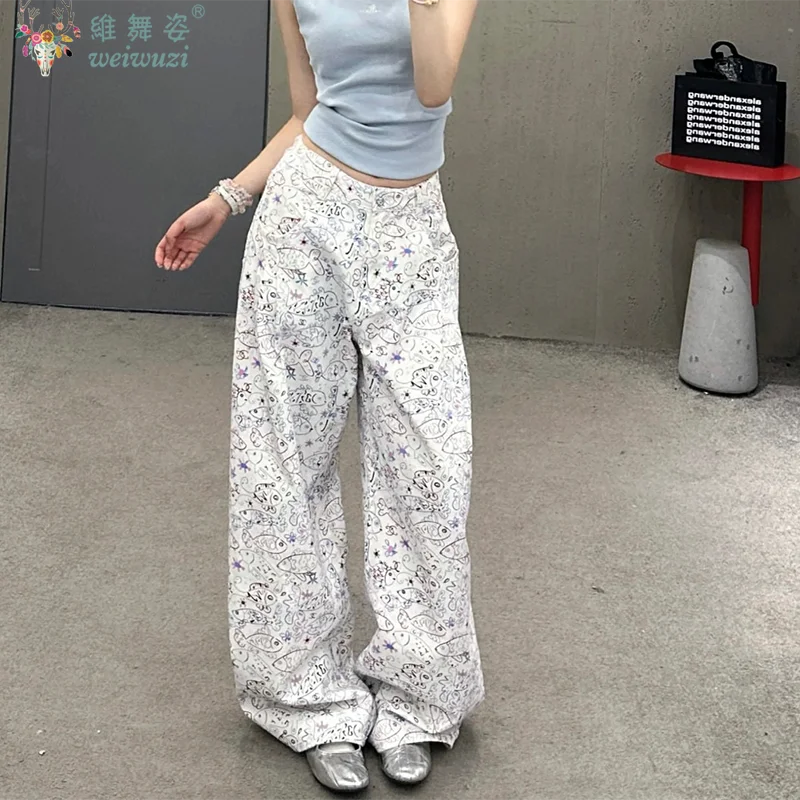 Cute Women's Jeans Cartoon Graffiti Fish Print Wide Leg Denim Pants Lady Casual High Waist Pants Loose Straight Jeans All Season