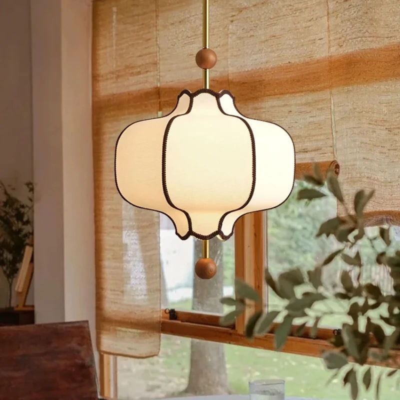 

Retro Fabric Lampshade Pendant Light Japan Circular LED for Room Dining Table Apartment Wooden Ball Lighting Fixtures E27
