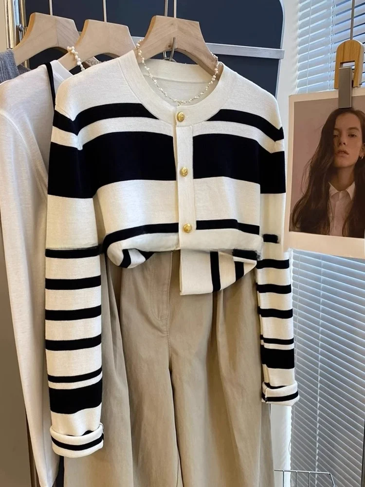 

Ele Knitted Open Cardigan round Ne Striped Color Blo Early Autumn Faionable Versatile Base irt Retro Long Sve ...