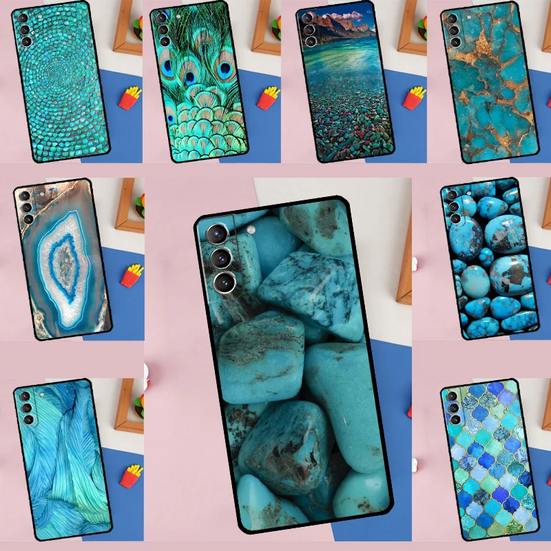 Turquoise Stone Flora Peacock Feather Phone Case For Samsung Galaxy S25 Ultra S9 S10 S20 S22 S21 S23 FE S24 Plus Portector Cover