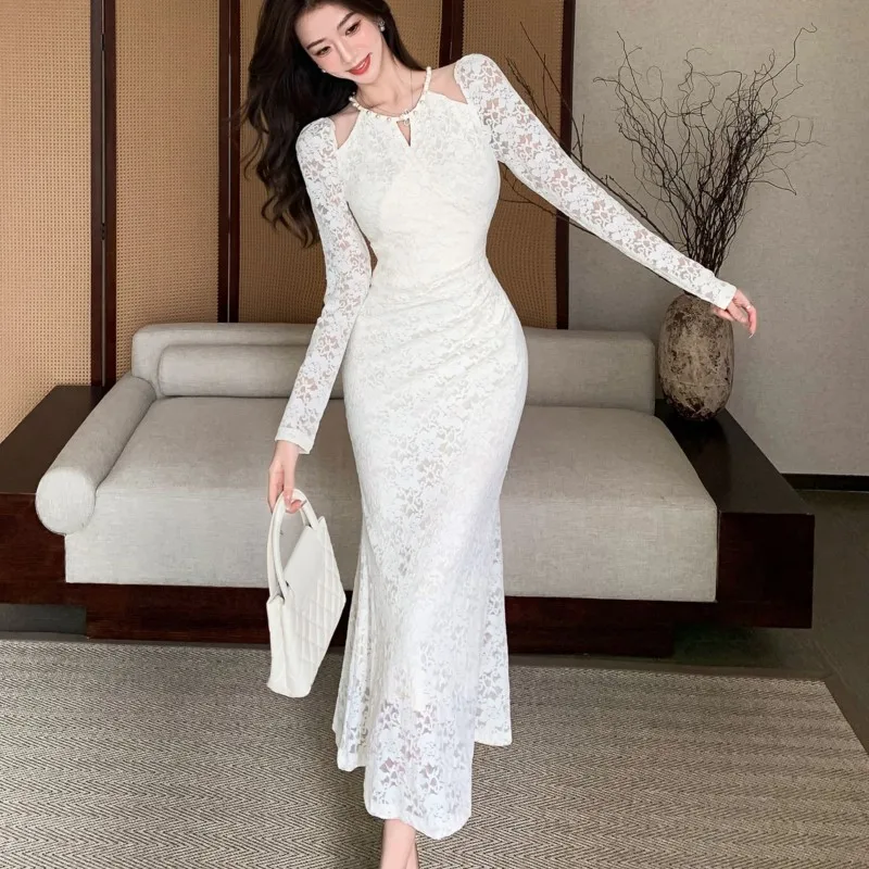 

Women's Elegant Midi Dresses Bodycon Lace Mermaid Dress Halter Long Sleeve Fiahtail Dress Evening Party Dresses Autumn Vestidos