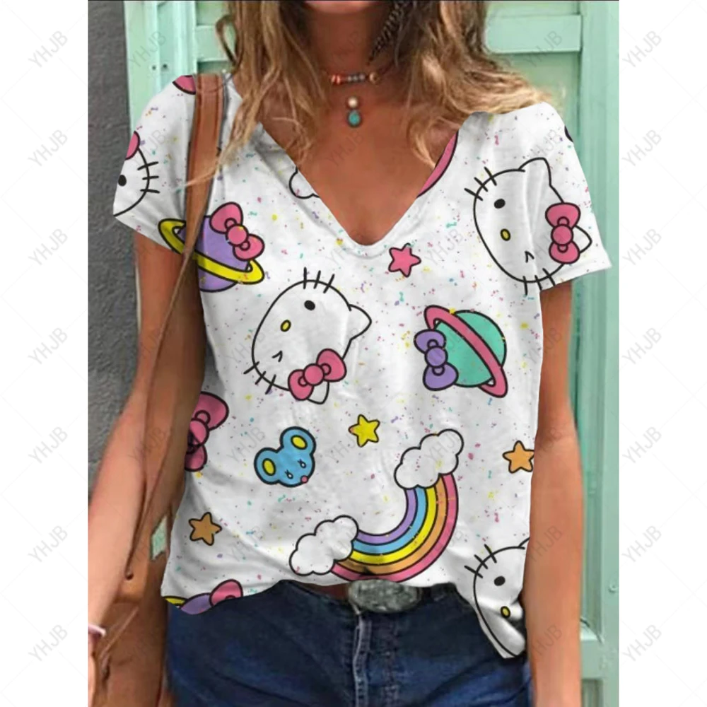 Summer V-neck women's T-shirt Hello Kitty pattern fashionable short sleeved Harajuku Y2k top oversized casual women's T-shirt