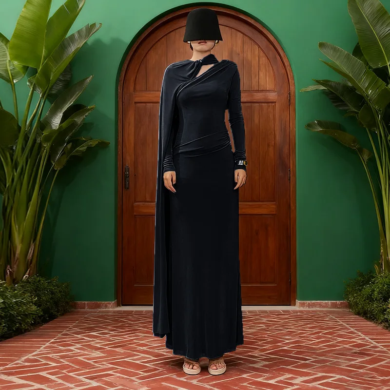 Franse elegante stijl effen kleur lange mouwen avondjurken herfst lint splitsen hoge taille slim fit bodycon maxi-jurk dames