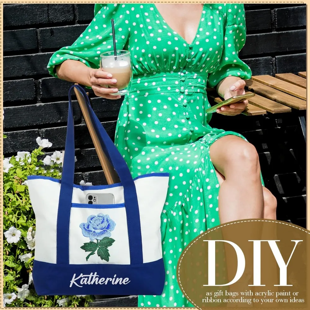 ถุงช้อปปิ้งแบบใช้ซ้ำได้ แพ็ค 16 ใบ ถุงผ้าแคนวาสพร้อมช่องด้านนอก ขนาด 18 นิ้ว สำหรับผู้หญิง คุณแม่ และงาน DIY