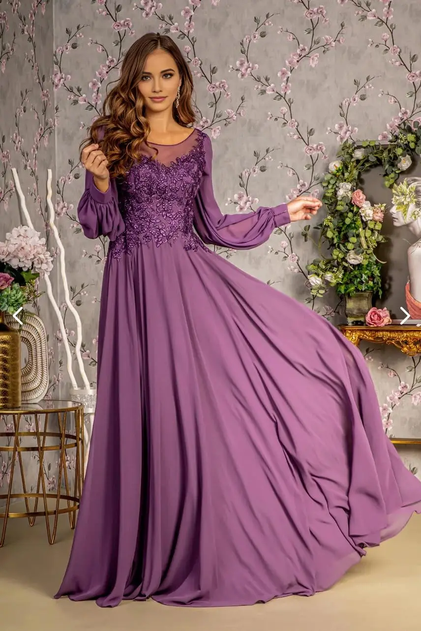 

Long Sleeve Mother of Bride Dresses for Women Chiffon Lace Applique Mother of The Groom Dress for Wedding