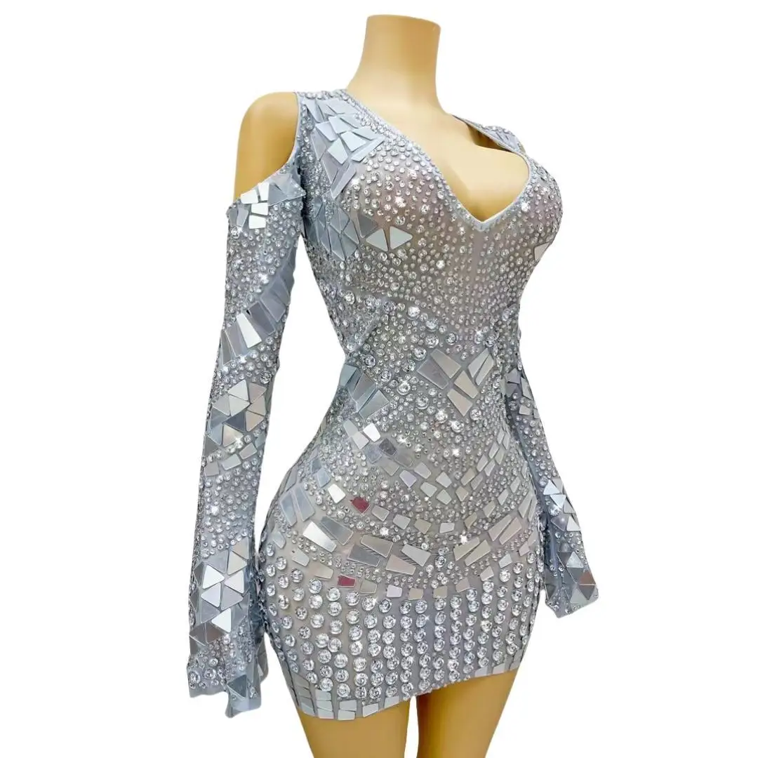 Shining Silver Crystals Evening Dress Nightclub Birthday Party Wedding Prom Celebrate Crystals Dress Sexy Dance Sequins Costume