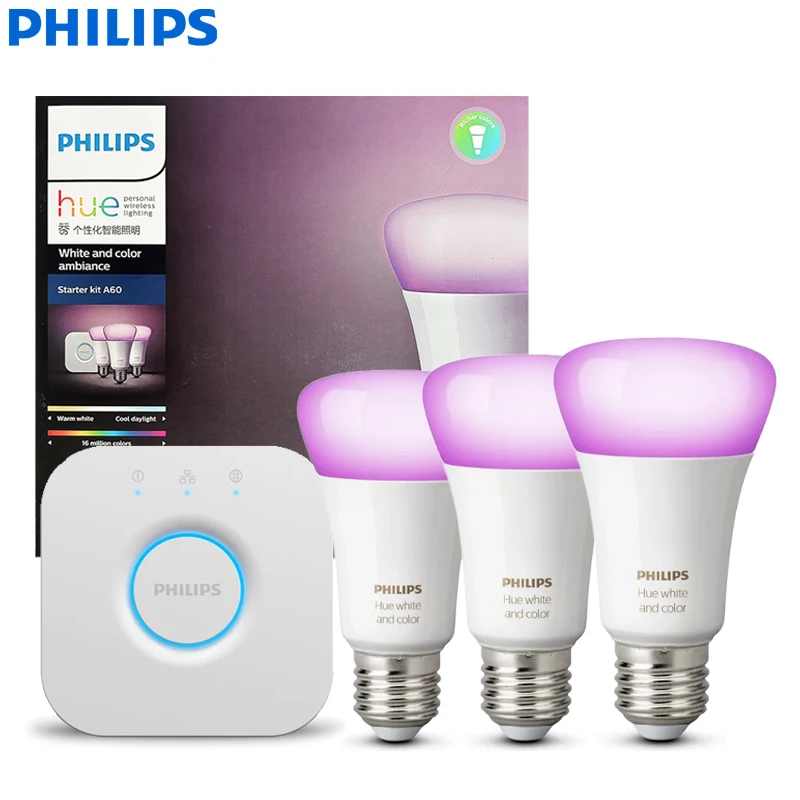 مجموعة أدوات الضوء الذكية من Philips Hue 3x E27 60W A60 لمبات ذكية + 1x جسر أبيض وألوان مصابيح أجواء تطبيق تحكم بلوتوث #1