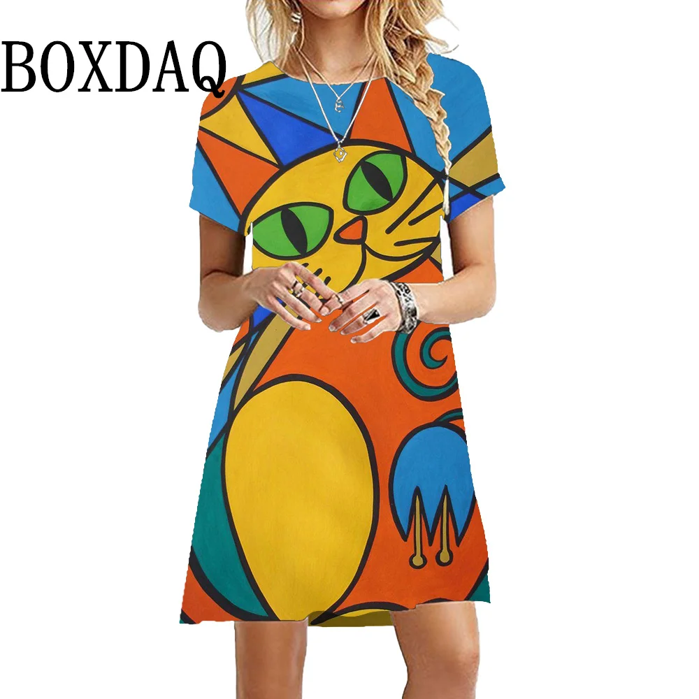 Pittura colorata Cat Dress Fashion Cute Party Kawaii Dress Print Mini Casual manica corta Pullover Summer Elegant Lady Dresses