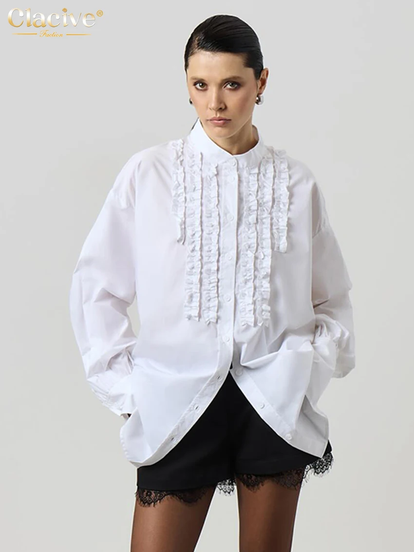 

Clacive Fashion Loose White Cotton Women Blouse 2026 Casual Stand Collar Long Sleeve Shirt Elegant Classic Top Female Clothing