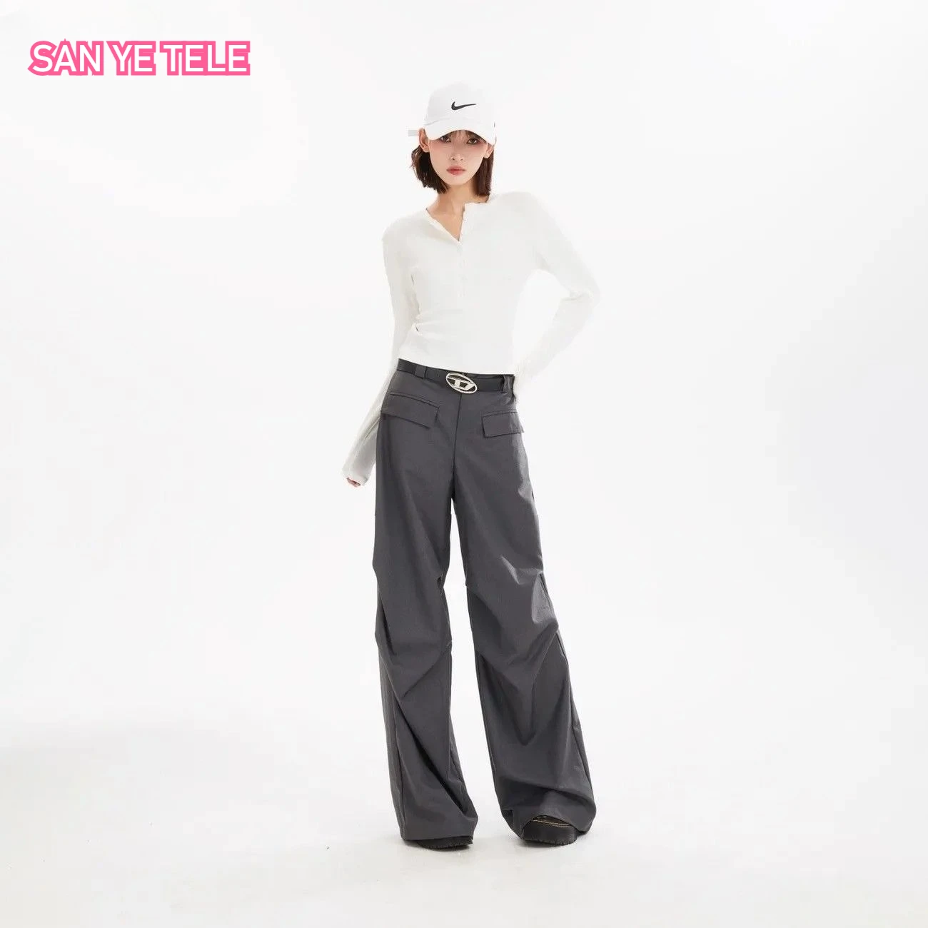 Wrinkled Silhouette Drape Suit Pant Women New High-end Gray Wide Leg Casual Korean High Waist Fashionable Loose Trousers