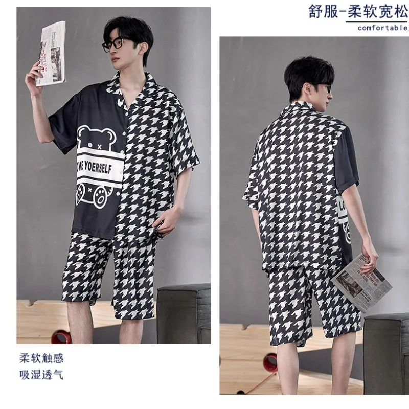 115KG Plus Size Men\'s Pajamas Set for Summer Short Sleeve Pocket Button Down Shirt & Shorts Loungewear Sleepwear Home Clothing