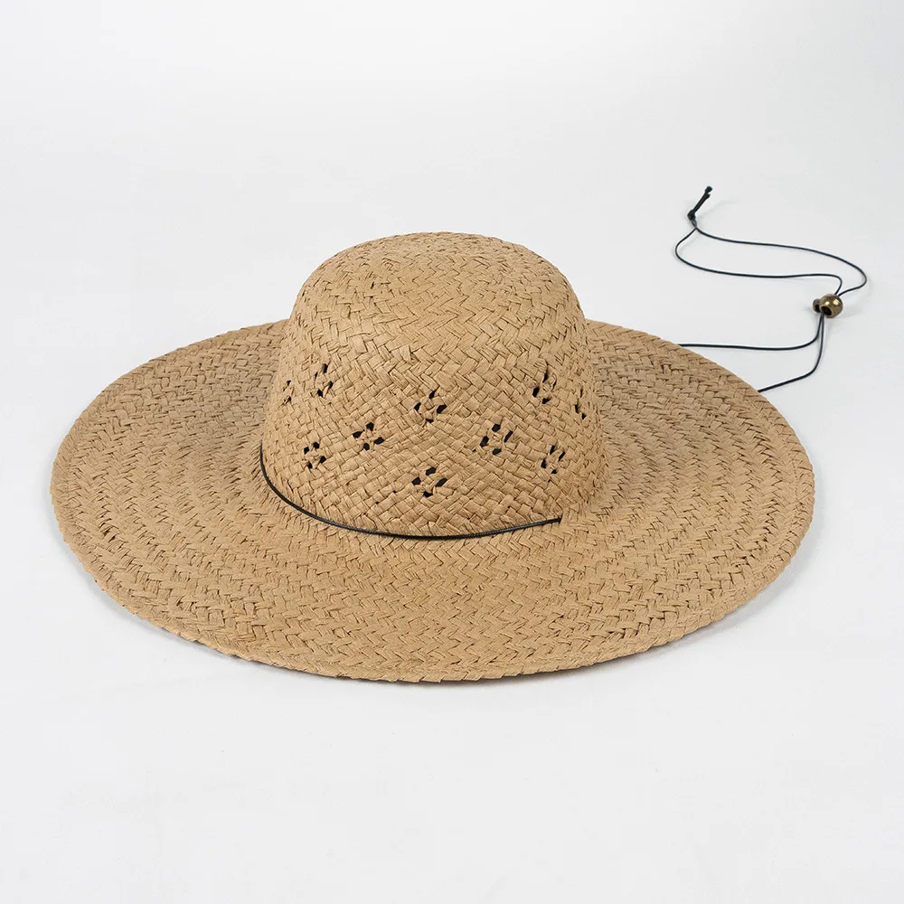 

Spring Summer New Fashion Casual Hollow Handwoven Round Top Wide Brim Straw Hat with Tie Rope - Parent-Child Style Beach Hats