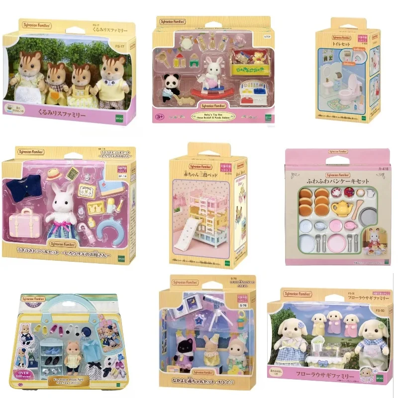 Sylvanian – porte-clés aveugle des familles, figurines d'action, jouet de cuisine Original pour fille, famille d'écureuil, lapin blanc, housse de bagage