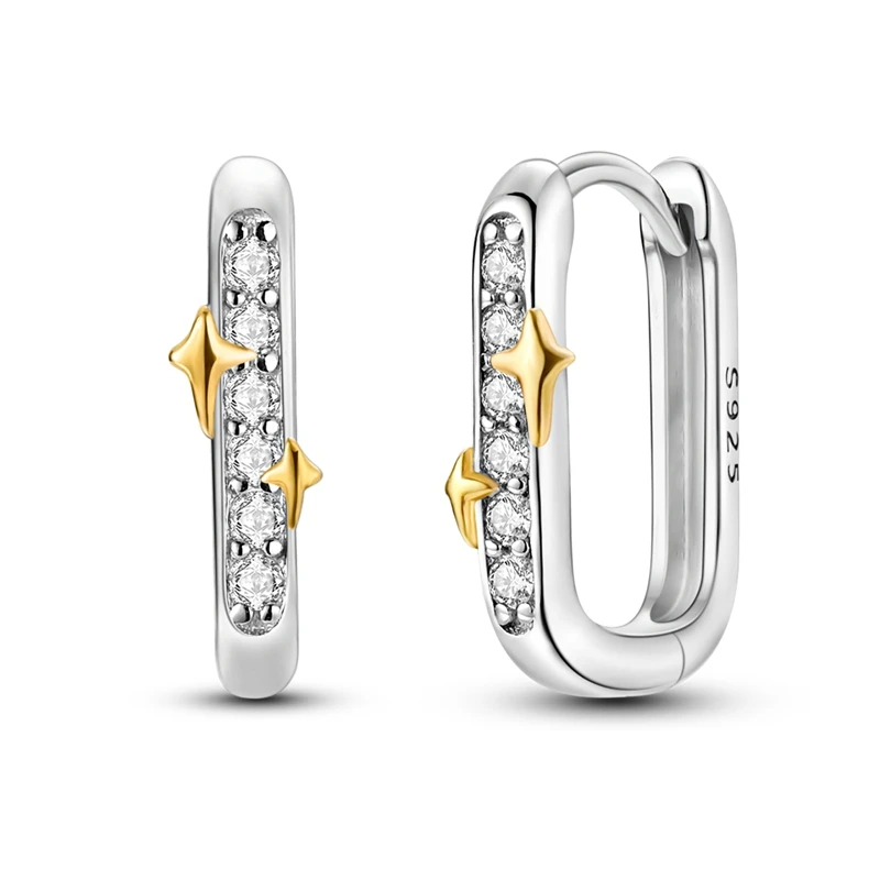 Ohrringe aus 925er-Sterlingsilber für Damen, glitzernder goldener Stern, rechteckiger Creolen-Ohrring für Jahrestag, Hochzeit, Schmuck, Geschenke
