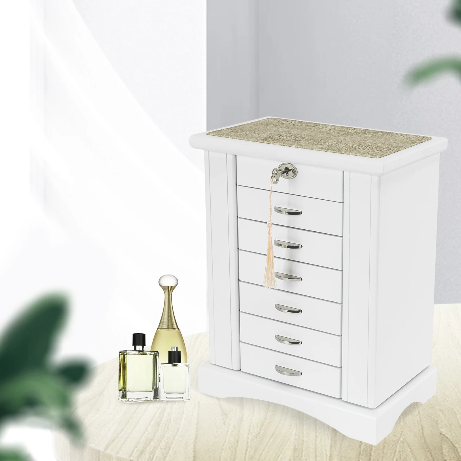 صندوق منظم مجوهرات مكون من 7 طبقات مع قفل مفتاح، حقيبة تخزين مجوهرات مستطيلة بيضاء قديمة، صندوق مجوهرات متعدد الطبقات قائم بذاته #3