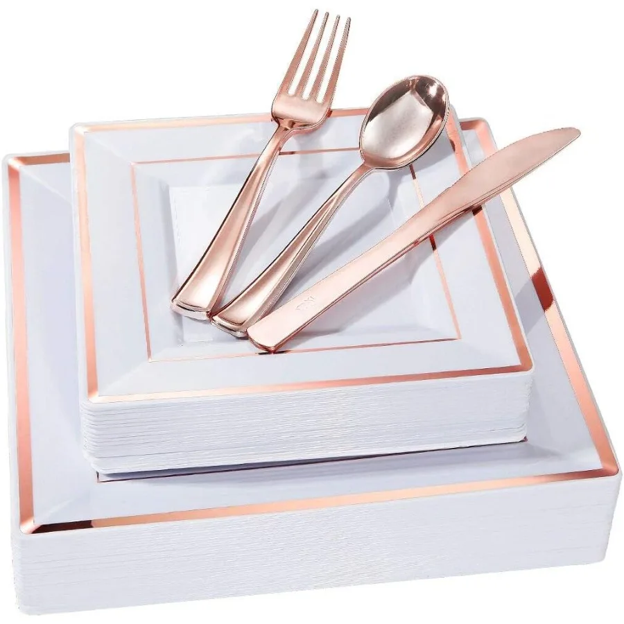 

125pcs Rose Gold Plates with Disposable Silverware Set for Elegant Wedding and Party Events Includes 25 Dinner Plates 25 Salad