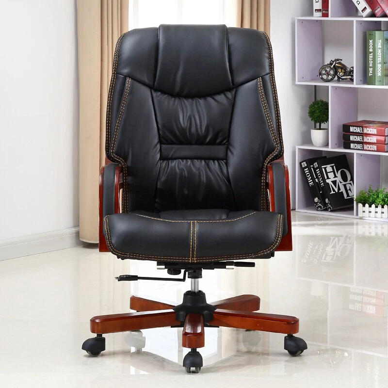 Luxury Solid Wood High Back Executive Office Boss Chair Leather Swivel Ergonomic Office Chairs