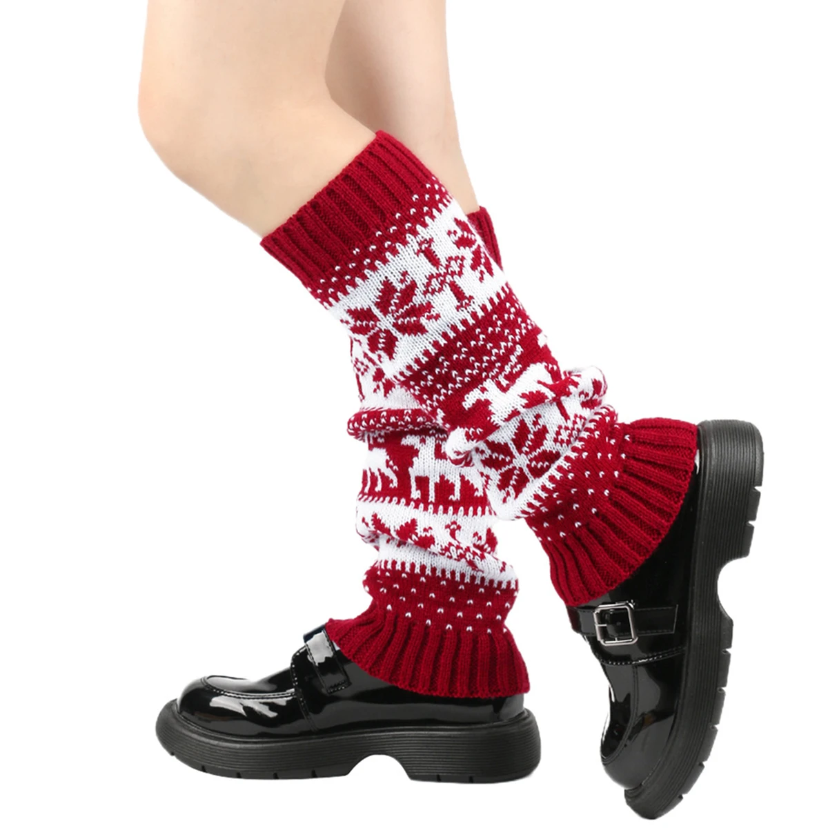 Womens Christmas Leg Warmer Snowflake Autumn Winter Folk Style Warm Leggings Knee Length Knitted Boot Socks Leg Warmers