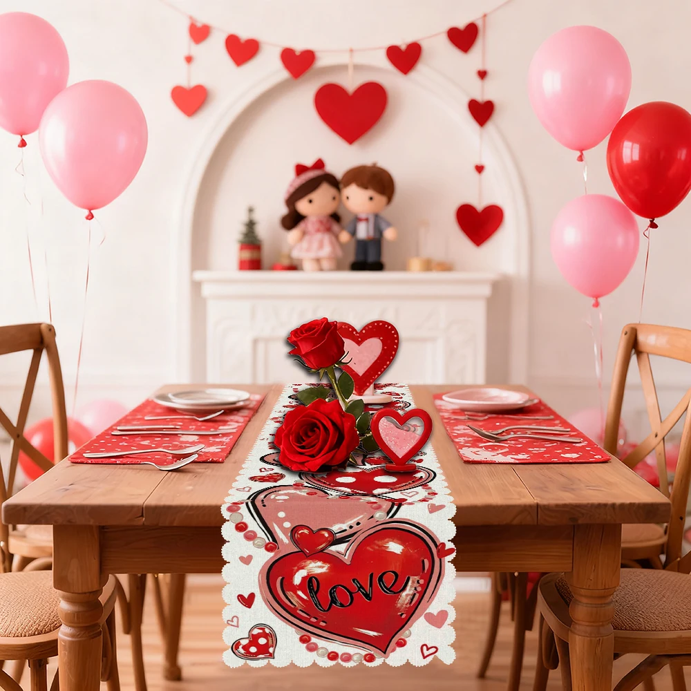 

Valentine's Day heart and rose table runners, woven polyester, 4 sizes, suitable for holiday decoration, parties, gifts.