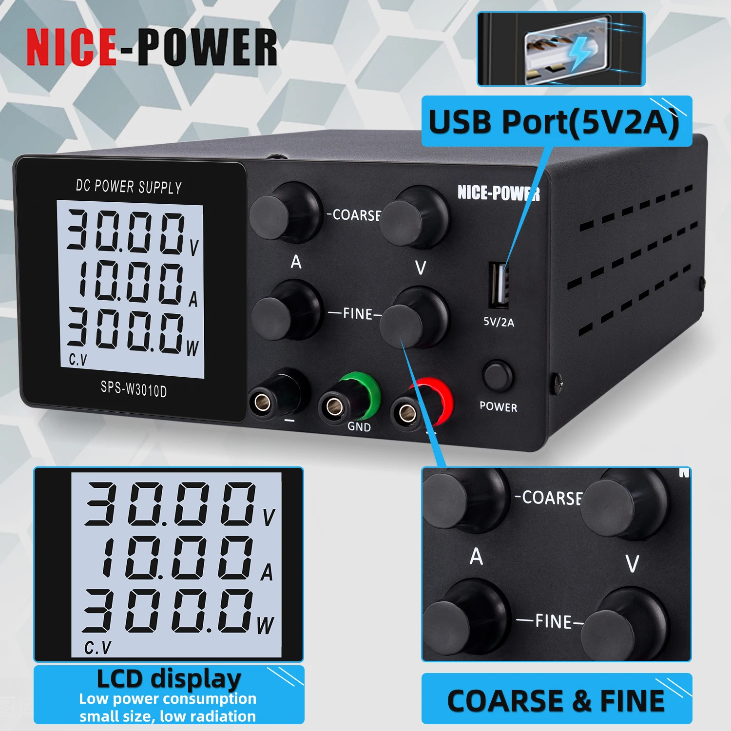 30V 10A Lab Adjustable DC Power Supply with 4-Digit LCD Display USB Fast Charge Switch Voltage Regulator 60V 120V High Precision