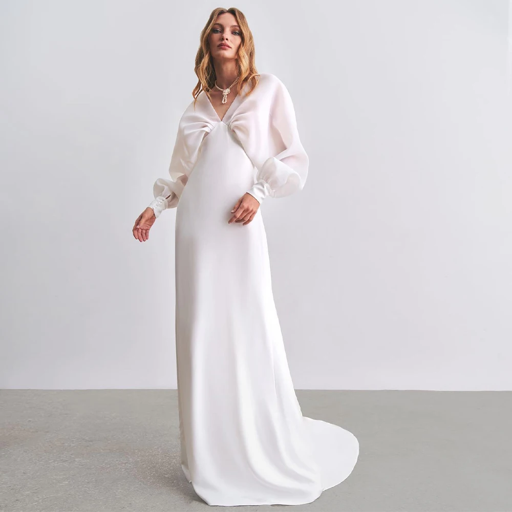 Modern Wedding Dresses for Women 2023 Bride V Neck A Line White  Gown Long Puff Sleeves Cutout Empire Simple Bridal Dress