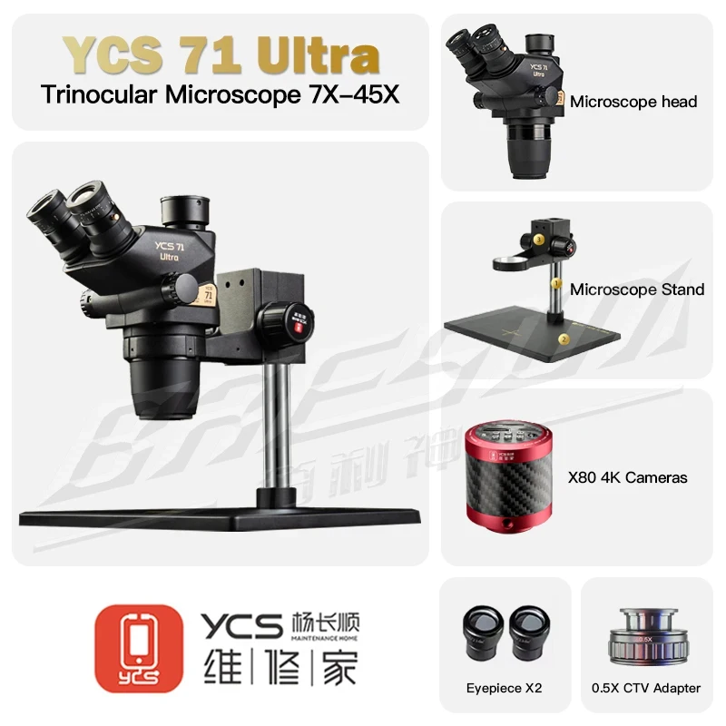YCS New 71 Ultra Trinocular Microscope Head 0.67X-45X Zoom for Phone Electronic Repair Microscope Camera 144 LED Light Tools Se