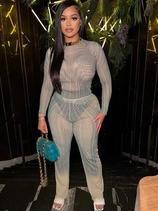 

Женский комплект с длинными прозрачными брюками, низкой талией, абстрактным узором, из ПВХ-материала, повседневные брюки в европейском стиле, без бренда