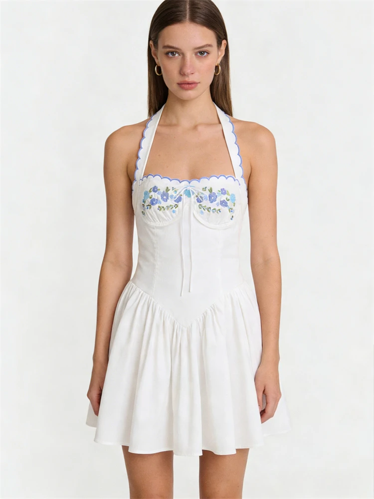 Mini abito con ricamo floreale all'americana Abito estivo da donna con papillon senza maniche con volant e schiena scoperta Abiti da vacanza da donna sexy Boho Party Nuovo