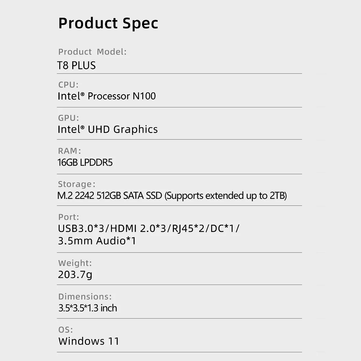 Firebab t8 plus mini pc gamer intel n100 n5095 cpu windows 11 mini pc jogos ddr4 8gb ram 256gb ssd nvme m2 wifi5 bt4.2 mesa