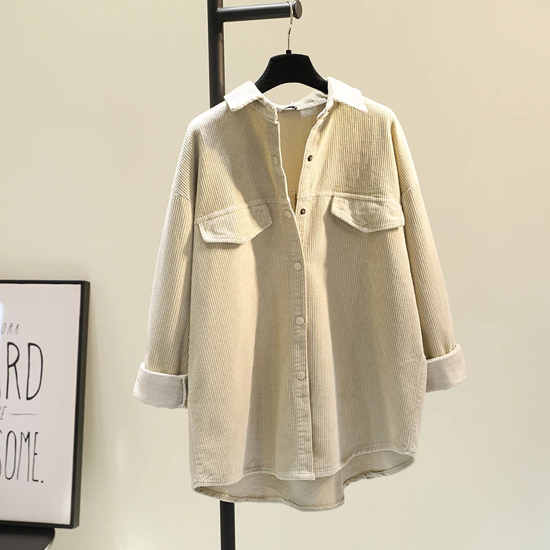 قميص نسائي من قماش الكوردروي السميك من دونغدايمون، فضفاض، ياقة بولو، أكمام طويلة، طول متوسط، نمط كوري، لون واحد، مناسب للخريف...