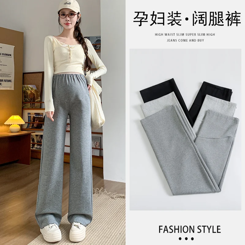 Stiff and Draped Thickened Plus-Size Wide-Leg Maternity Pants for Autumn/Winter Long Straight Trousers for Pregnant Women