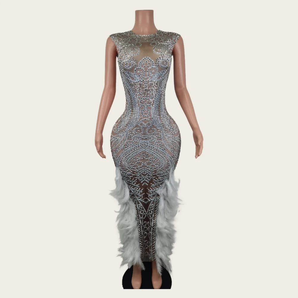 

Sparkle Silver Diamond Feather Transparent Long Dress Celebrate Birthday Party Wear Women Luxury Sexy Feather Event Prom Gowns