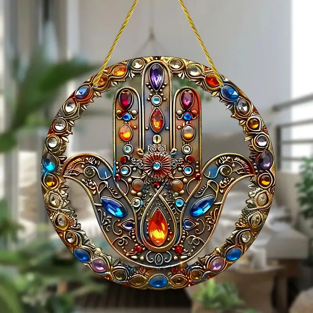 Colorful Acrylic Hamsa Hand Pendant - 2D Flat, Vintage, Multi-Purpose Wall Hanging - English Language