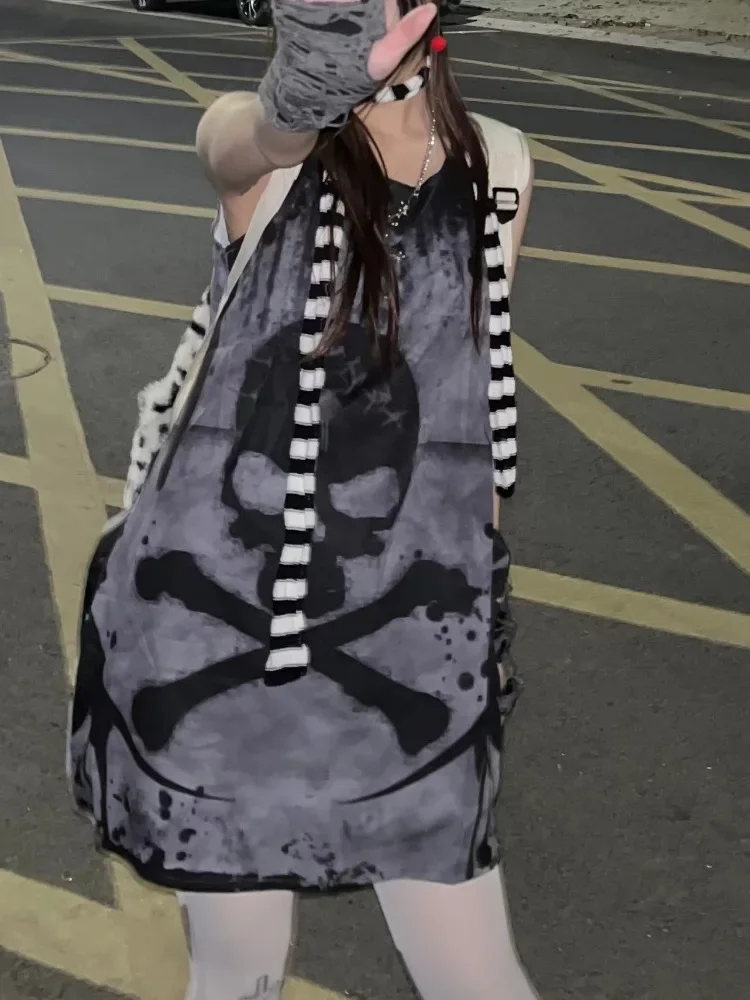 Subculture Gothic Skull Print Sundress Punk Rock Sleeveless Dress Long Tshirt Women Goth Grunge Grey Mini Dress