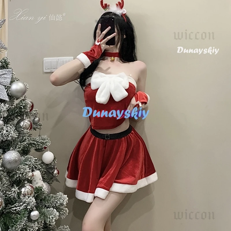 Natal feminino vestido papai noel traje floco de neve headwear luvas sexy vestido uniforme quente roupas de pelúcia trajes cosplay