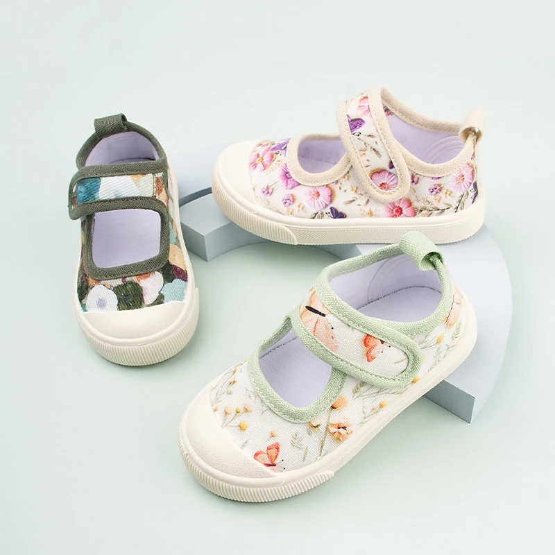 Summer New Arrival Little Girls Adorable Floral Daily Canvas Shoes Toddlers Expression Patchwork Sneakers EKF55