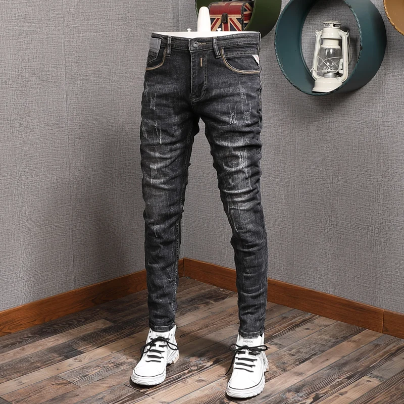 

Newly Designer Fashion Men Jeans Retro Black Gray Elastic Slim Fit Ripped Jeans Men Trousers Vintage Casual Denim Pants Hombre