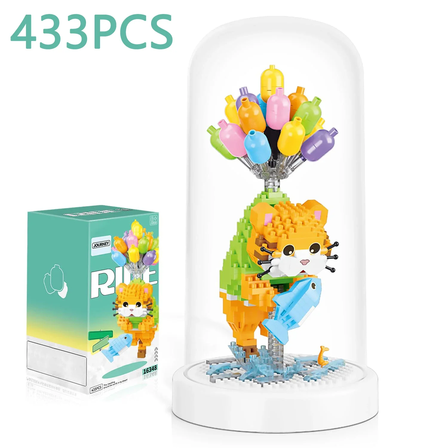 

479PCS Balloon Cat Building Blocks Cute Flying Cat Fishing Model Bricks Set with Dust Cover Desktop Decoration Kids DIY Toy Gift